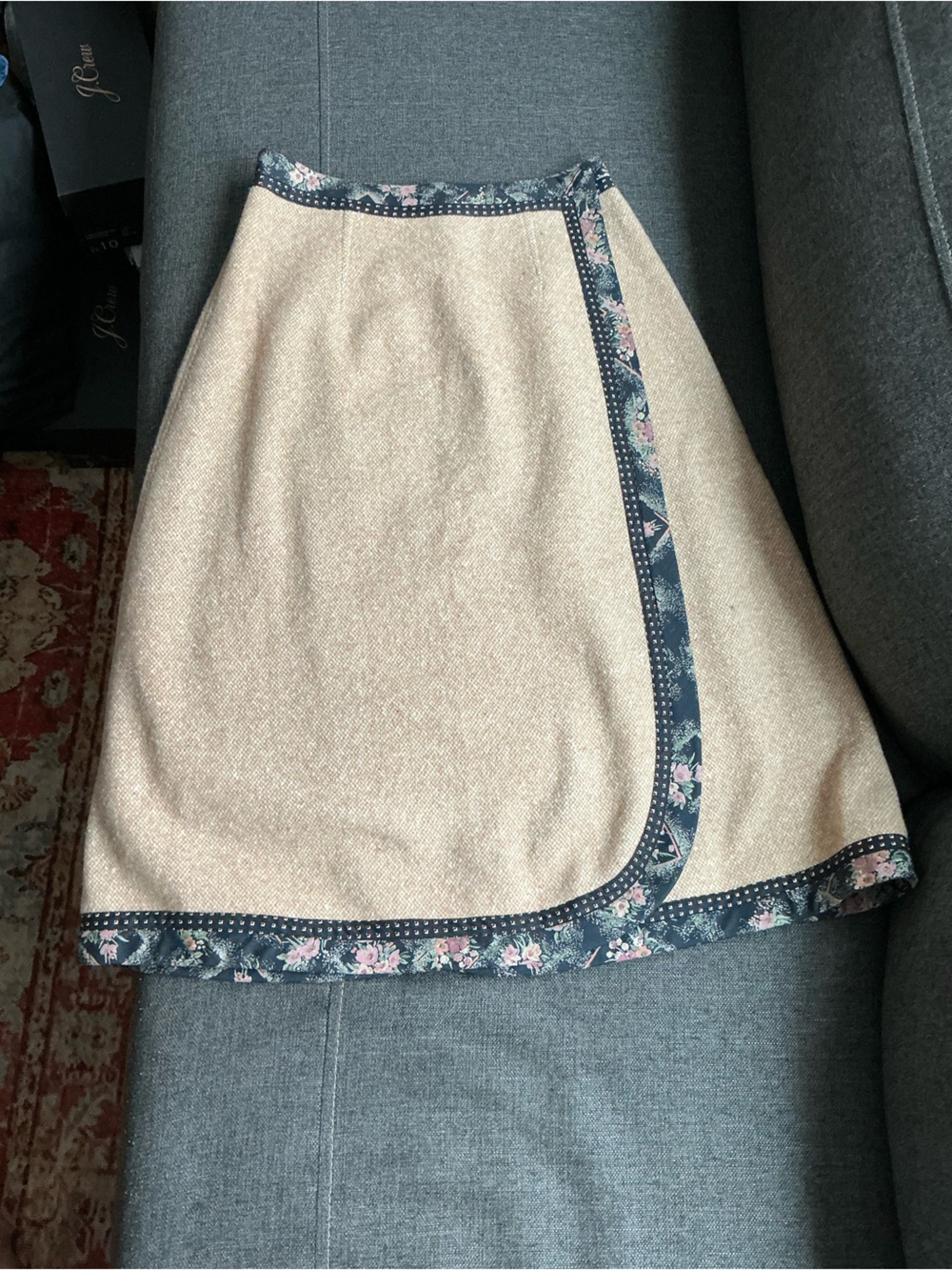 Vintage Rare Koos van der Akker Cream Midi Skirt with Navy Floral Trim preppy